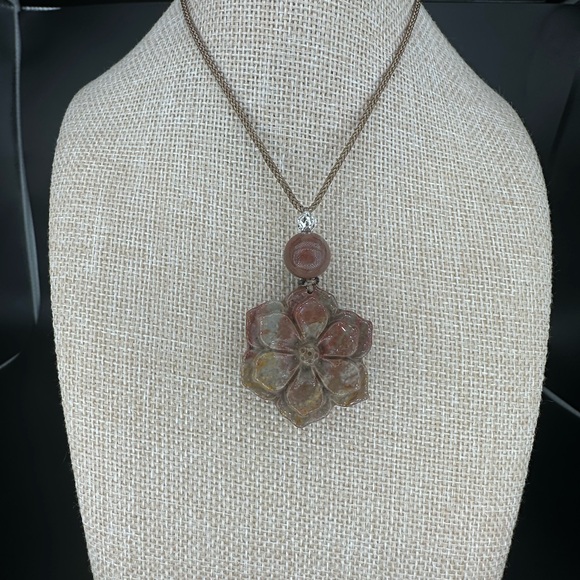 Polychrome Jasper Flower Pendant Necklace on Brown Rope - Picture 5 of 12